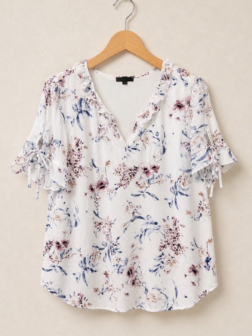Tamara H White Floral Mesh Overlay V-Neck Short Lace Up Sleeve Blouse NWOT
